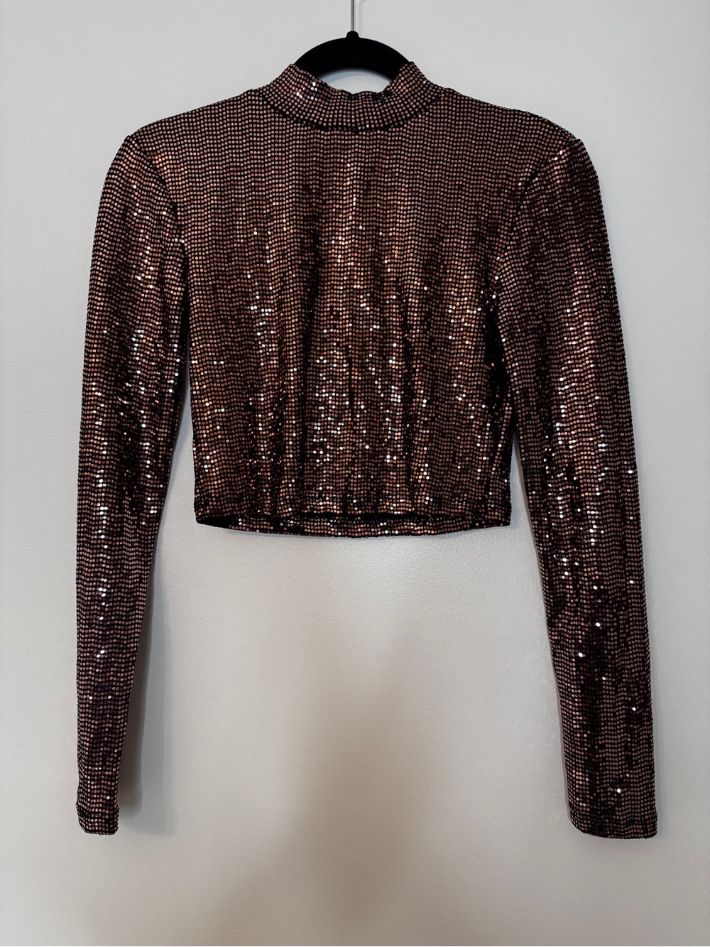 Stradivarius Sequin Crop Top Long Sleeve Copper Shiny Sparkly NYE Party Shirt M